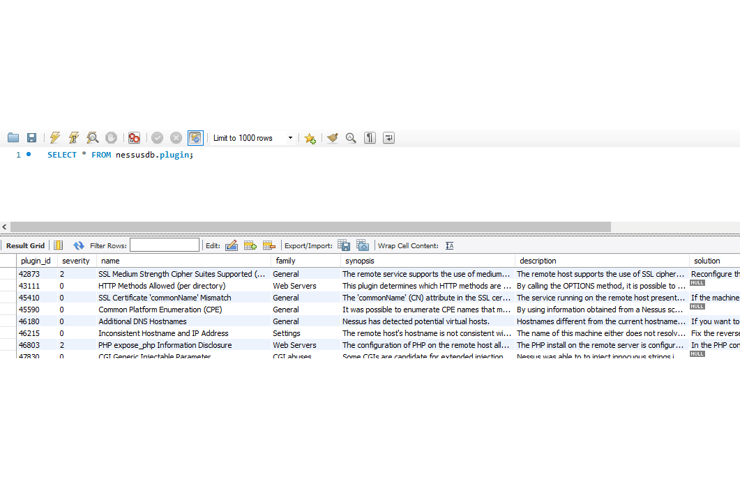 Nessus database export